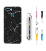 Oppo A5S A15 A16 A54 A55 A73 A74 Kılıf Kablo Koruma Spiral Silikon Siyah Mermer 1299