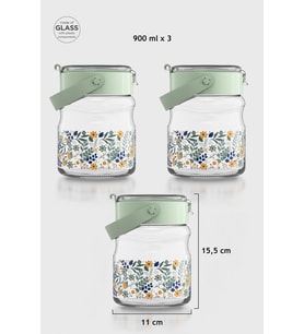 Renga Mono 900 ml Çiçek Desenli 3'lü Cam Kavanoz Seti 132065 Mavi (Yeşil)