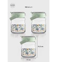 Renga Mono 900 ml Çiçek Desenli 3'lü Cam Kavanoz Seti 132065 Mavi (Yeşil)