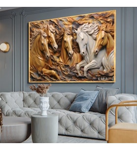 Tablolife Atlar 3D Yoğun Yağlı Boya Dokulu Tablo Gold Çerçeve