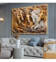 Tablolife Atlar 3D Yoğun Yağlı Boya Dokulu Tablo Gold Çerçeve