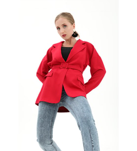 Düşük Omuz Kemerli Atlas Kumaş Blazer Ceket - Kırmızı