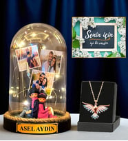 Premium Hediye Seti - Sizlere Özel Led Işıklı Fanus ve Renkli Zümrüdü Anka Kuşu Kolyesi (Model 8)
