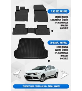 Renault Fluence 2009-2016 Uyumlu 4.5D Premium Havuzlu Oto Paspas ve Liner Bagaj Havuzu