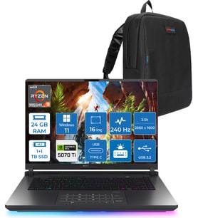 Asus Rog Strix G16 G614FR-S5111 Amd Ryzen 9 9955HX Aı 24GB GB 1tb SSD +1tb SSD 12GB/RTX5070Tİ Gddr7 140W 16" 2.5k 2560X1600 Wqxga 240HZ 3ms 500NİTS WINDOWS11PRO Gaming Laptop WS5111W04+ZETTAÇANTA
