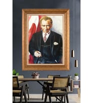 Altın Varaklı Çerçeveli Paspartulu Atatürk Tablo nh258 (Gold)