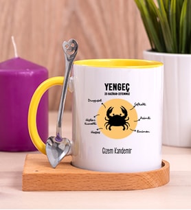 Kişiye Özel Yengeç Burcuna Hediye Ahşap Altlıklı Sarı Kupa Bardak
