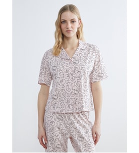 LCW DREAM Pembe Gömlek Yaka Kedi Baskılı Kadın Pijama Üstü