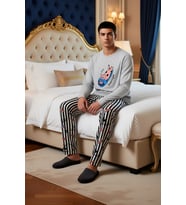 Kadın Hayvan Baskılı Bisiklet Yaka Sweatshirt ve Çizgili Pijama Altı Takımı Fonksiyonel Şık