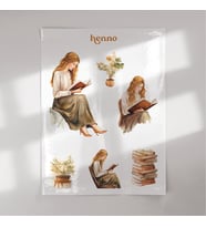 Vintage Kitap Okuyan Kız Temalı Şeffaf Sticker Seti – Ajanda, Journal, Çıkartma Sayfası
