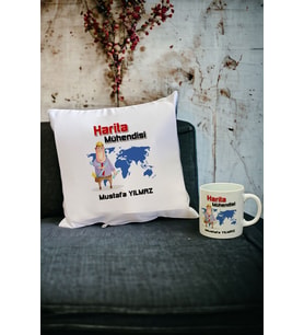 Harita Mühendisine Hediye Kupa Bardak ve Yastık Set 003 (Beyaz)