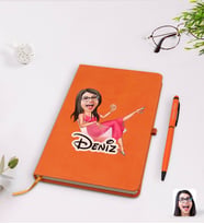 BK Gift Kişiye Özel Kadın Patroniçe Karikatürlü Turuncu Termo Deri Defter Kalem Seti Model 1