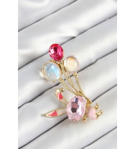 Zirkon Taşlı Balonlu Pembe Tavşan Figürlü Gold Renk Kadın Broş 5886 - SSSSSS3657-4227