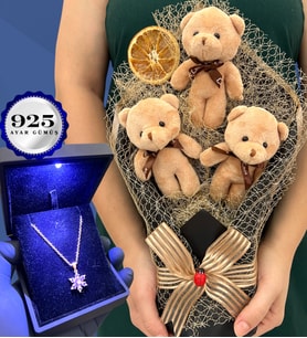 Büyük Boy Peluş Ayıcık Buketi ve Işıklı Kutusunda 925 Ayar Gümüş Lotus Kolye (Model 5)