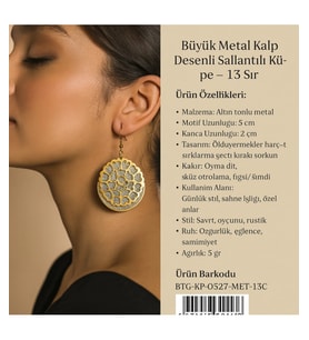 Büyük Metal Kalp Desenli Sallantılı Küpe – 13 Sır