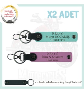 Macera Aşıklarına Özel, İsim Plaka ve 0 Rh (+) Kan Grubu Yazılı x2 Anahtarlık, Pembe-Turkuaz-Laci (Çok Renkli)