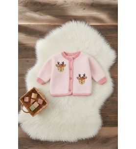 El Örgüsü Kız Bebek Geyikli Hırka (Pudra Pembe)