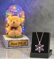 Size Özel Ayıcıklı Renkli Led Işıklı Fanus ve Gerçek Ametist Taşlı Lotus Kolye
