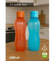 2’li PP-5 Su Şişesi Seti – 1000 ml Sızdırmaz Matara, BPA Free, Ev-İş-Spor İçin Mavi-Turuncu