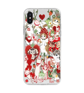 Iphone XS MAX Uyumlu Çilek ve Kediler Tasarımlı Şeffaf Telefon Kılıfı