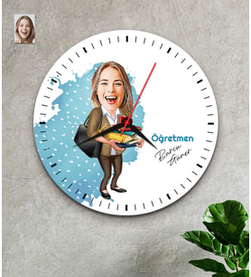 Kişiye Özel Karikatürlü Kadın Öğretmen Ahşap Duvar Saati 32 CM (Çok Renkli)