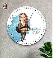 Kişiye Özel Karikatürlü Kadın Öğretmen Ahşap Duvar Saati 32 CM (Çok Renkli)