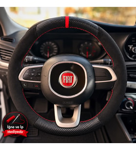 Fiat Egea Cross Dikme Direksiyon Kılıfı Alcantara Süet Mat Karbon Kırmızı Yüzük ve Dikiş 2020-2021