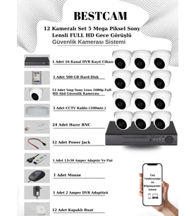 BESTCAM 12 Kameralı Set 5 Mega Piksel Sony Lensli FULL HD Gece Görüşlü Güvenlik Dome Kamera Seti 500 GB Hard Disk