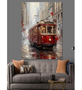 Yağmurlu Caddede Nostaljik Kırmızı Tramvay Dekoratif Kanvas - Mdf Ahşap Tablo
