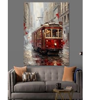 Yağmurlu Caddede Nostaljik Kırmızı Tramvay Dekoratif Kanvas - Mdf Ahşap Tablo