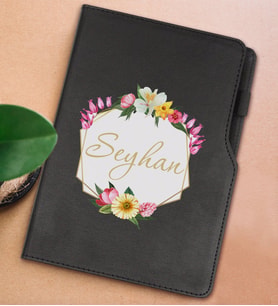 BK Gift Kişiye Özel Çiçek Tasarımlı Siyah Termo Deri Not Defteri 15x21cm-9