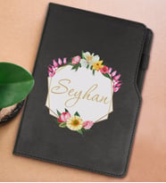 BK Gift Kişiye Özel Çiçek Tasarımlı Siyah Termo Deri Not Defteri 15x21cm-9