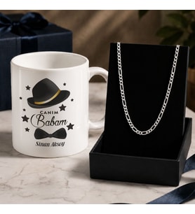 BK Gift Kişiye Özel Babalar Günü Tasarımlı Beyaz Kupa & Figaro Zincir Kolye -4, Babalar Günü Hediyesi