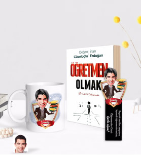 BK Gift Kişiye Özel Erkek Öğretmen Karikatürlü Beyaz Kupa Ahşap Kitap Ayracı ve Öğretmen Olmak Kitabı Hediye Seti-1
