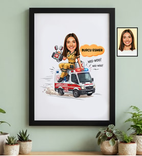 Kişiye Özel Karikatürlü Paramedik Siyah Çerçeve Tıp Bayramı Hediyesi