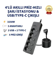 PS-13 Slim Seri 4'lü Akıllı Priz-Hızlı Şarj İstasyonu & USB/Type-C Çıkışlı
