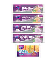 Orta ve Büyük Boy Kokulu Büzgülü Çöp Torbası ve  5'li Düz Bubble Sünger Paketi