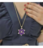 Gümüş Mor Damla Taşlı Çiçek Tasarımlı Gold Kaplama 925 Ayar Gümüş Kolye (Karışık)