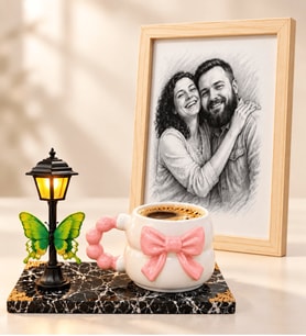 Kişiye Özel Karakalem Fotoğraflı Ahşap Çerçeve 3D Pembe Fiyonklu Kupa ve LED Sokak Lambası Seti