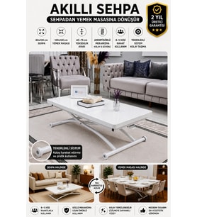 Akıllı Sehpa Üst Tabla MDF Beyaz Oval Köşe Alt Beyaz