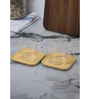 2li Kahve Fincan Takımı - Bambu Tabaklı Kahve Fincan Seti - 4 Parça - 100 ML (Şeffaf)