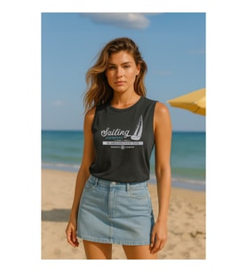 Kadın Bisiklet Yaka Baskılı Kolsuz T-shirt