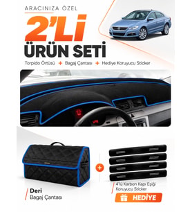 VOLKSWAGEN PASSAT CC (2008-2012) Uyumlu Torpido Örtüsü + Deri Bagaj Çantası + Sticker Seti - Siyah Mavi