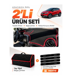 e-biz RENAULT CAPTUR 1 (2013-2019) Uyumlu Torpido Örtüsü + Tay Tüyü Çanta - Siyah-Kırmızı - RE035