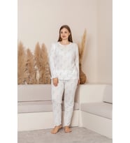 Uzun Kollu Büyük Beden Kadın Pijama Takımı- Çiçek Desenli Pijama - Pinterest Basic Kadın  Pijama (Pembe)