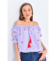 Lila Pötikare Yakası Fırfırlı Oversize Dokuma Bluz