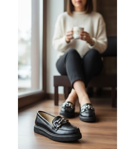 Enoch Kadın Grena Dokulu Kalın Gümüş Zincirli Comfort Taban Loafer