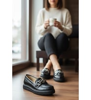 Enoch Kadın Grena Dokulu Kalın Gümüş Zincirli Comfort Taban Loafer