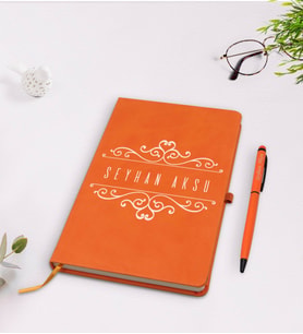BK Gift Kişiye Özel İsimli Turuncu Termo Deri Defter Kalem Seti Model 9