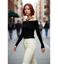 Kadın Carmen Yaka Fitilli Fitted Triko Kazak Modern Şıklık Sunan Uzun Kollu Gündüz Gece Giyimi